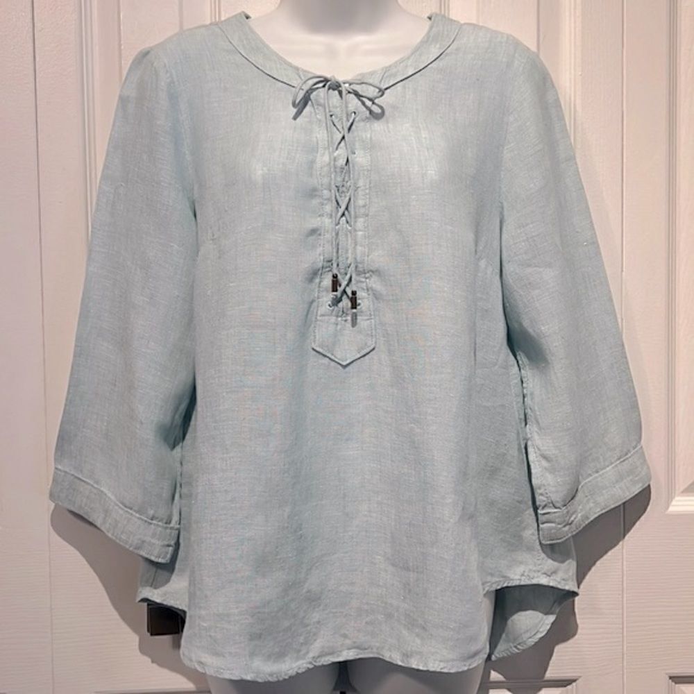 Maeve by Anthropologie‎ 100% Linen Lace Up Top in Seafoam Size 8 (fits larger)